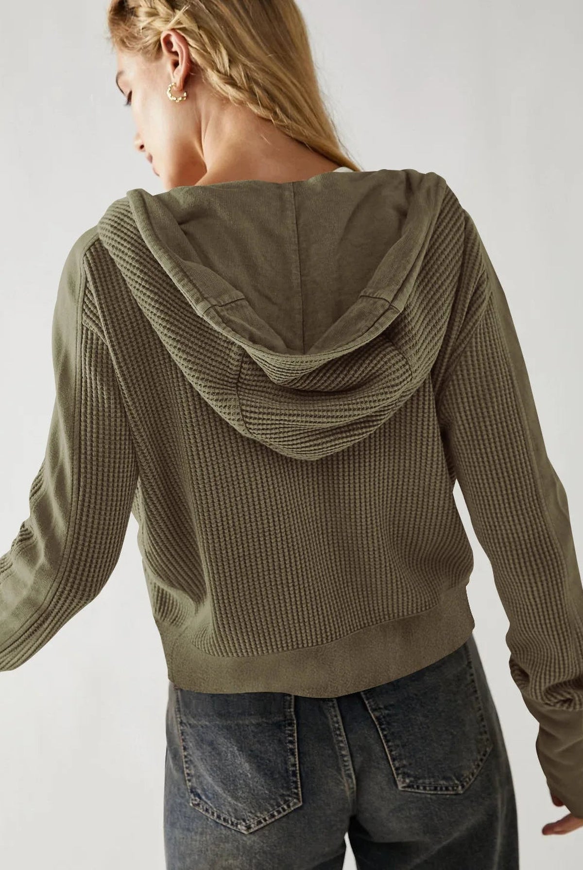 Cropped Waffle Zip-Up Hoodie in Pine — back