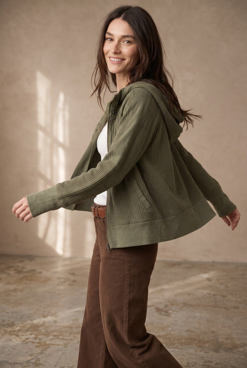 Cropped Waffle Zip-Up Hoodie in Pine — Stilenza main image