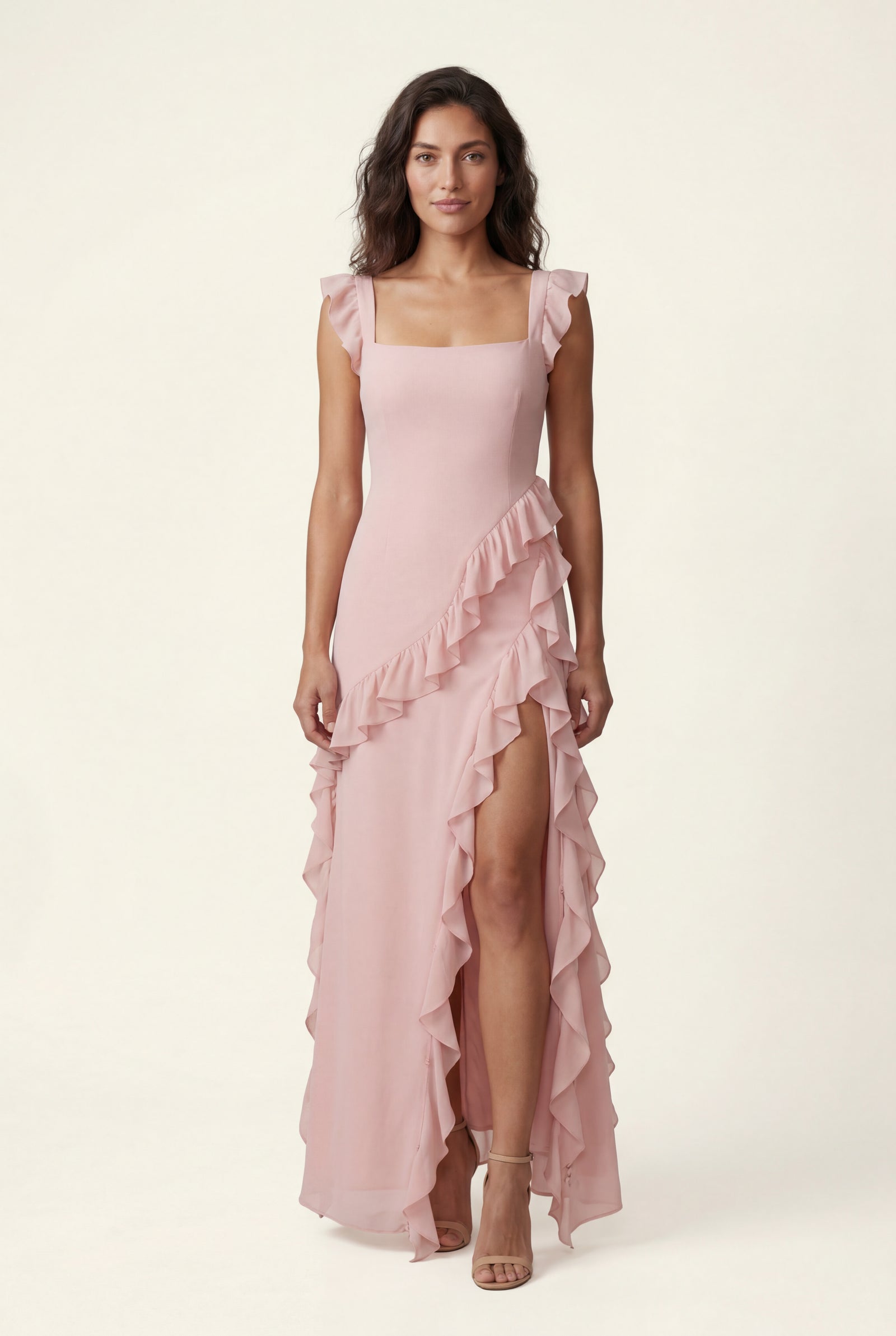 Pink Asymmetric Ruffle Maxi Dress with High Slit - Photo 7