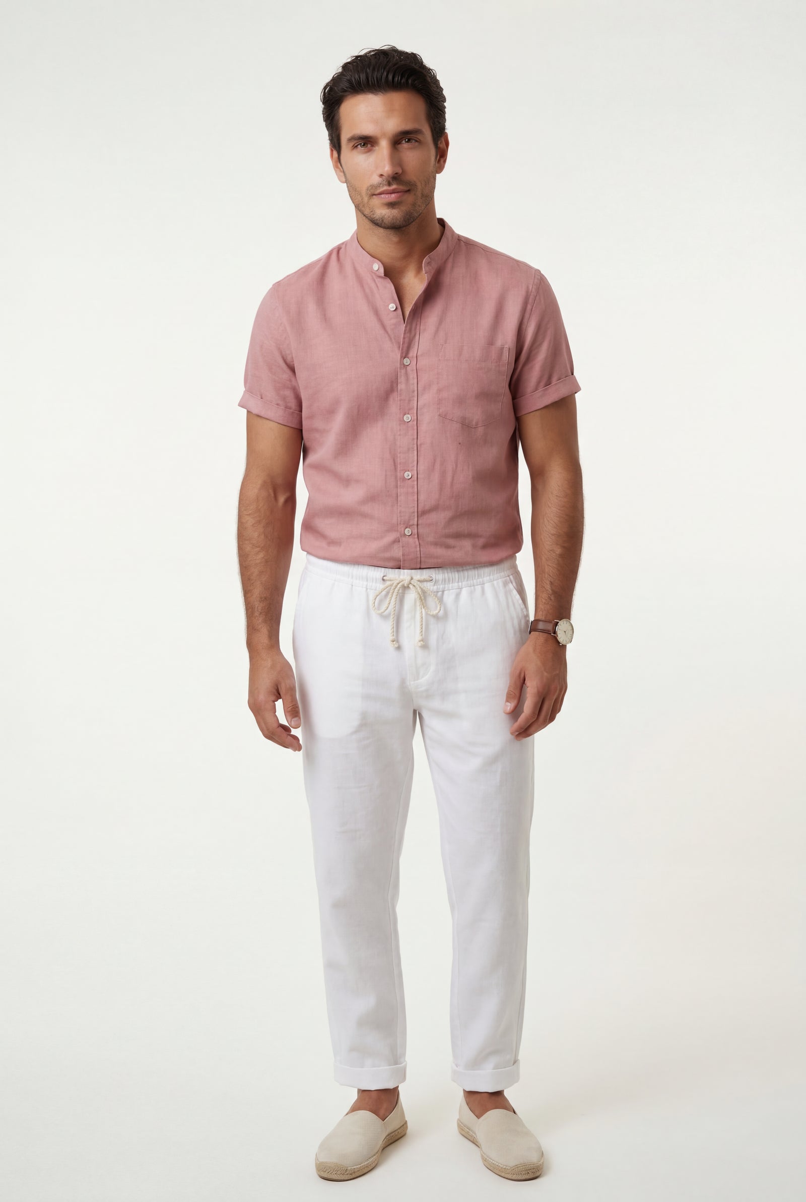 Pink Band Collar Shirt and Drawstring Trouser Casual Set - Photo 10