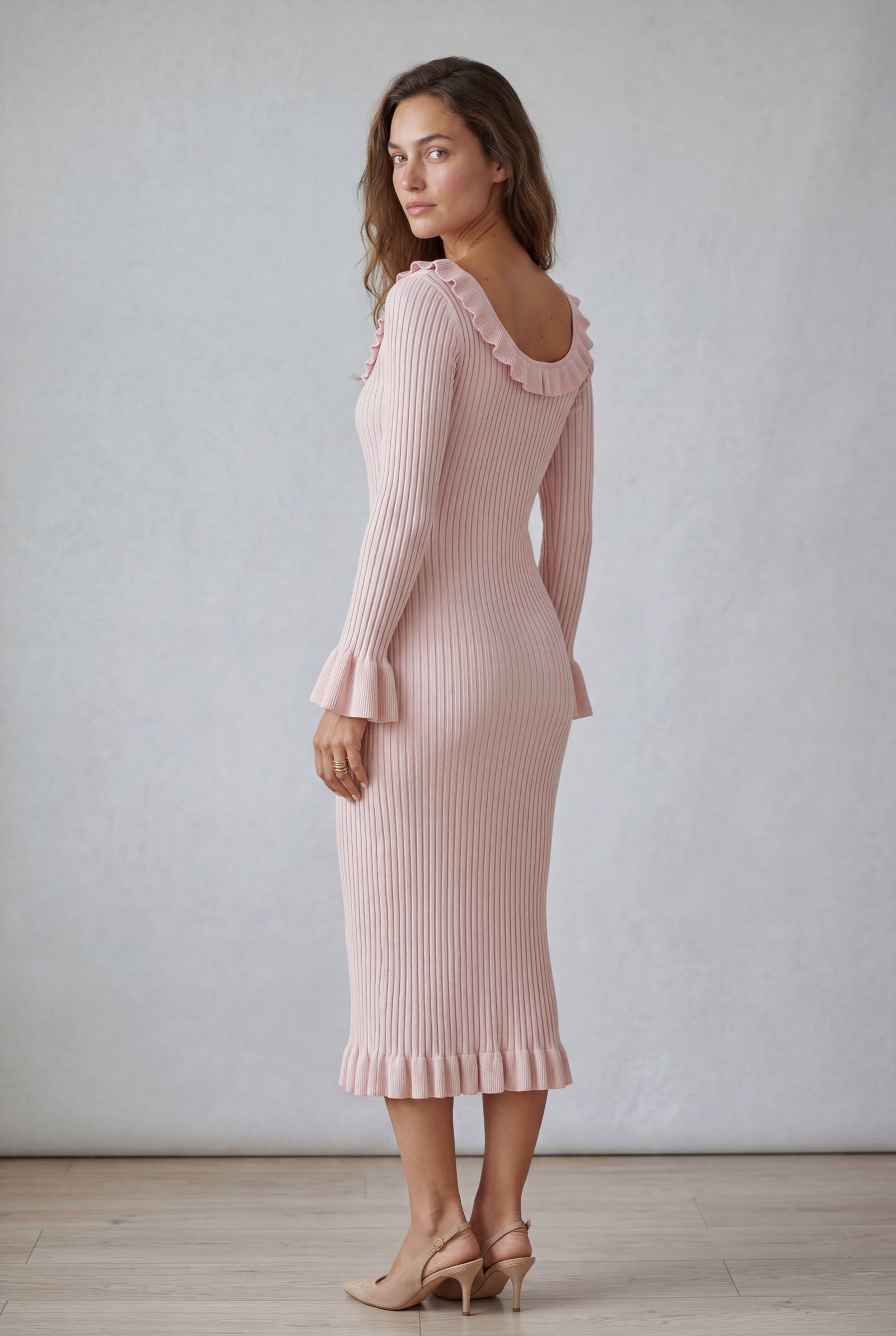 Pink Blush Pink Ribbed Button-front Midi Dress with Ruffles - Photo 2