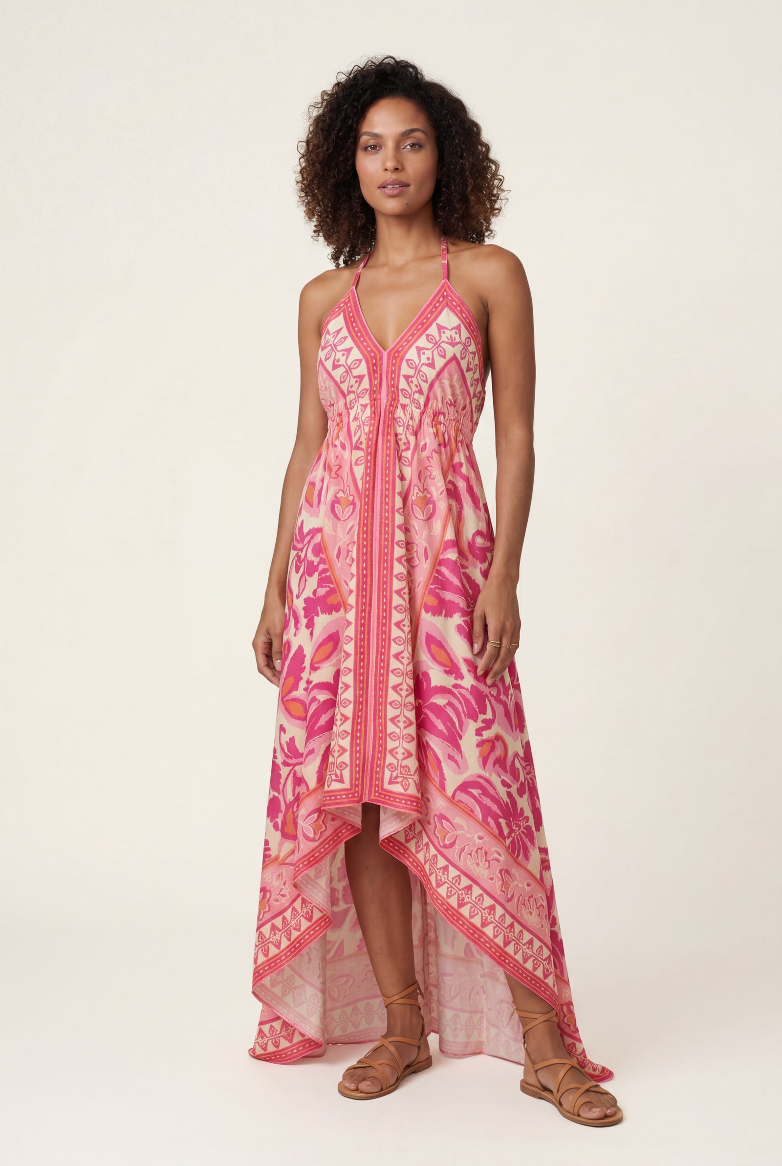 Pink Boho Handkerchief Hem Halter Maxi Dress with Open Back - Photo 13