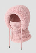 Boucle Knit Hooded Balaclava in Pink — studio front