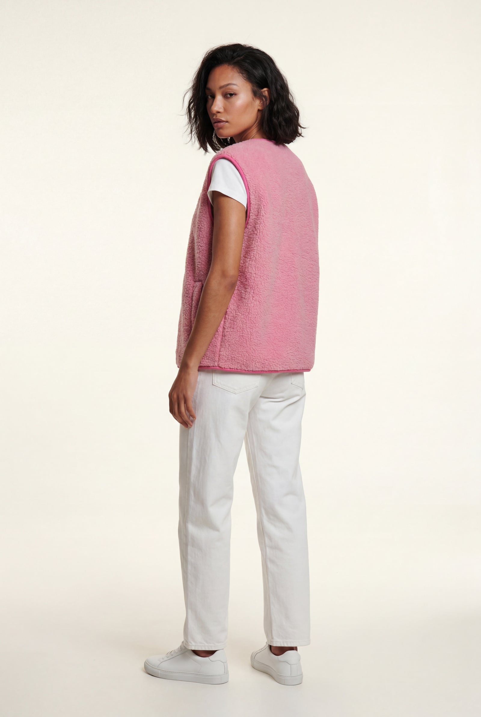 Pink Boxy Snap-button Vest with Contrast Edge Trim - Vests - Photo 2