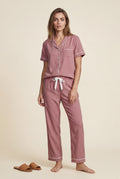 Pink Contrast Piping Short Sleeve Pajama Set with Bow Waistband - Photo 7
