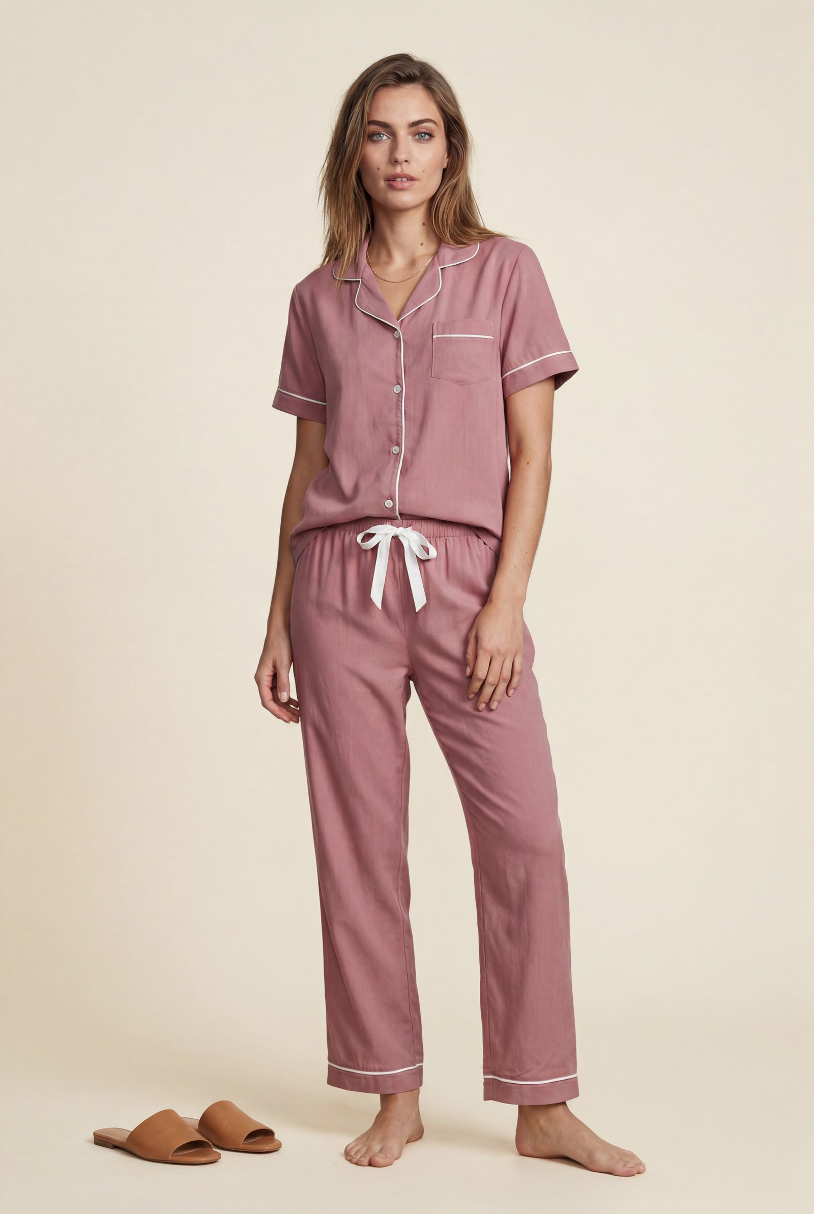 Pink Contrast Piping Short Sleeve Pajama Set with Bow Waistband - Photo 7