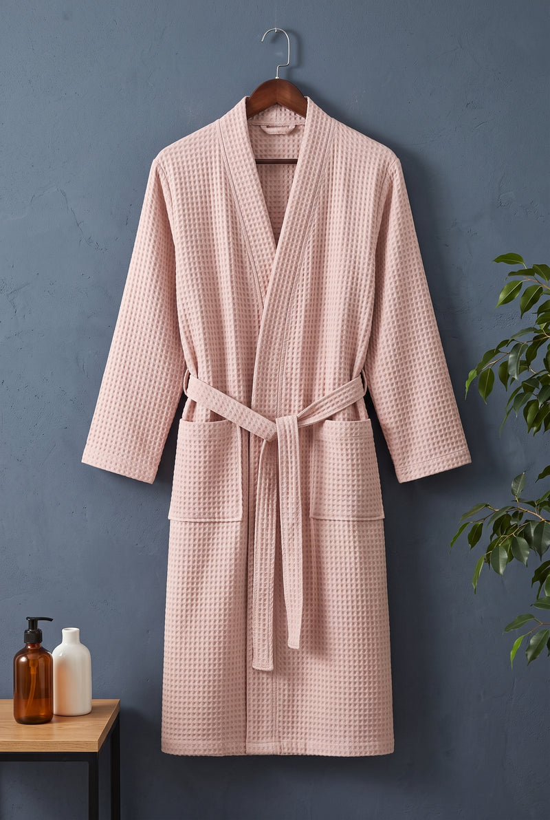 Cotton Waffle Bathrobe in Pink — studio front