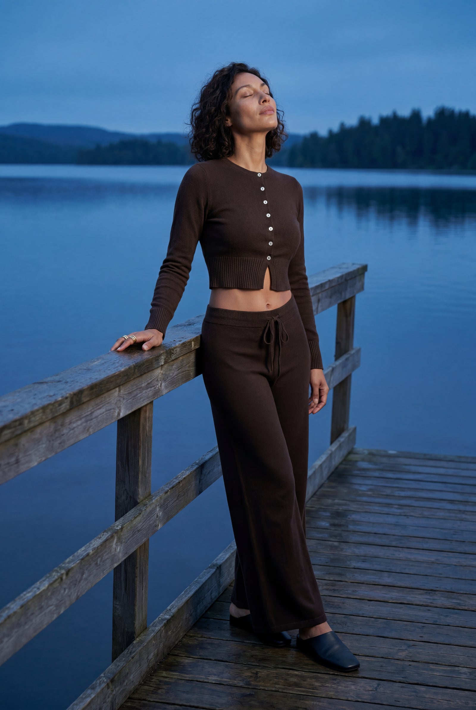 Dark Brown Cropped Cardigan and Wide-leg Pants Set - Knit set - Photo 4