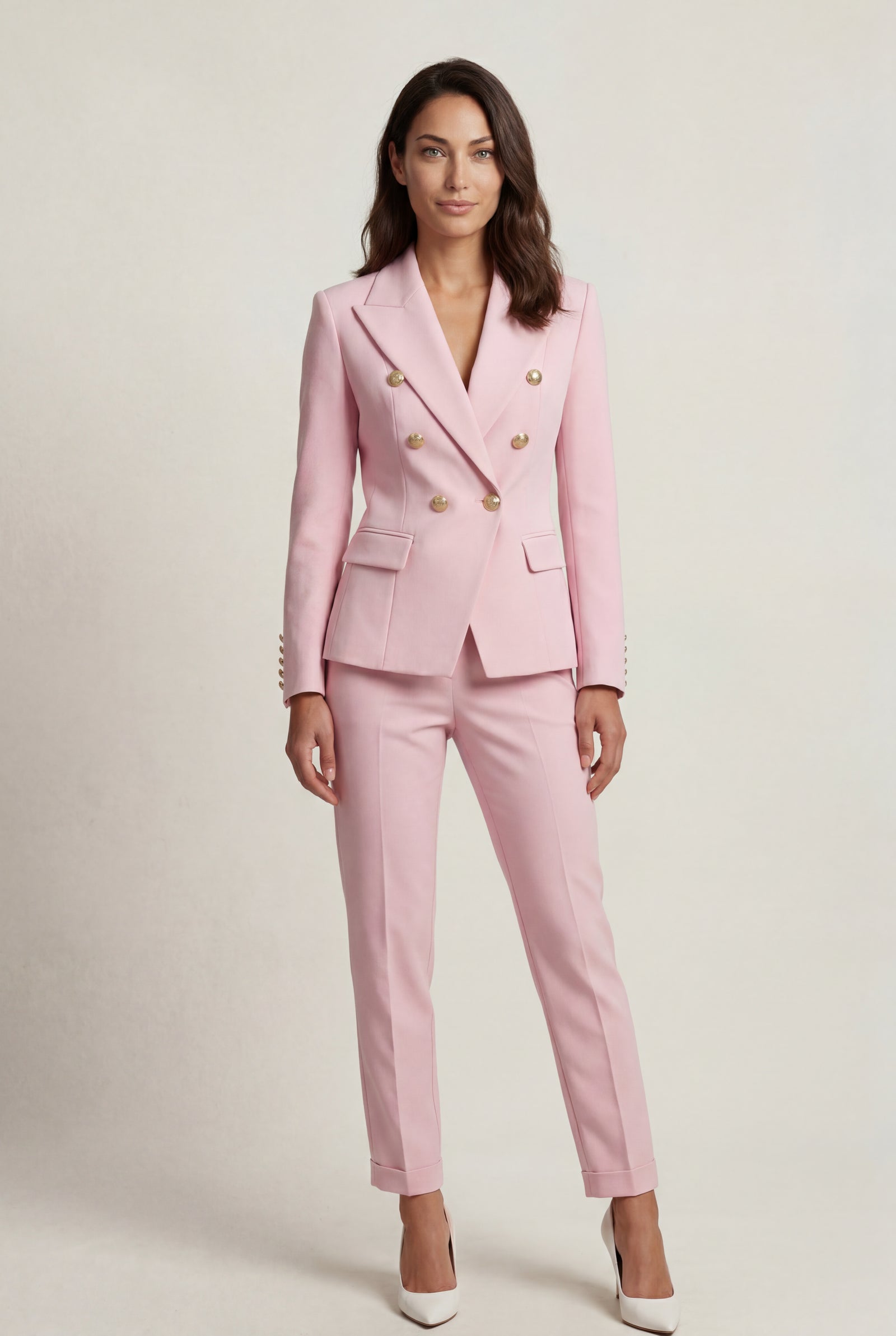 Pink Double-breasted Blazer and Slim Trouser Suit Set - Photo 7