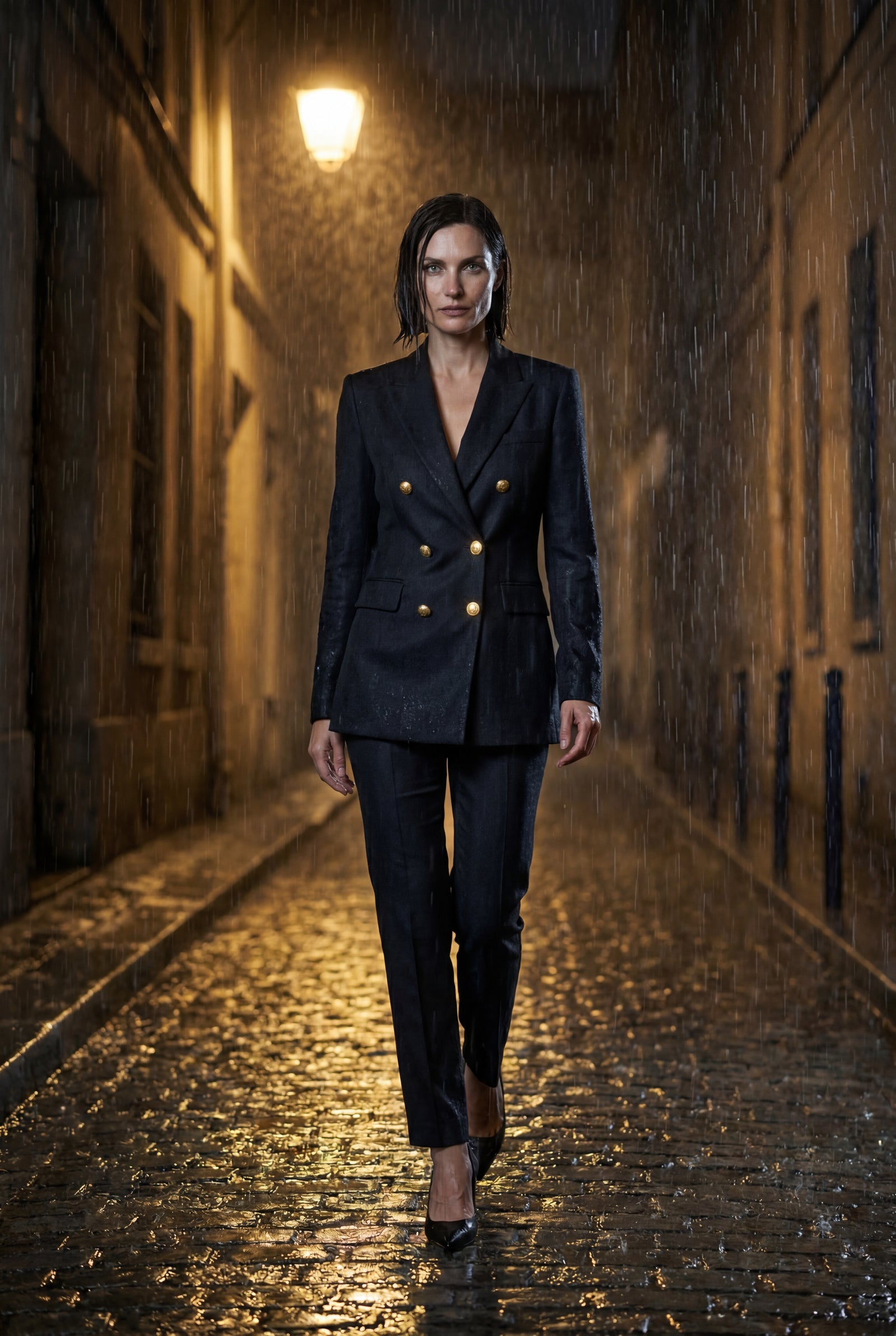 Black Double-breasted Fitted Blazer with Gold Buttons - Photo 22