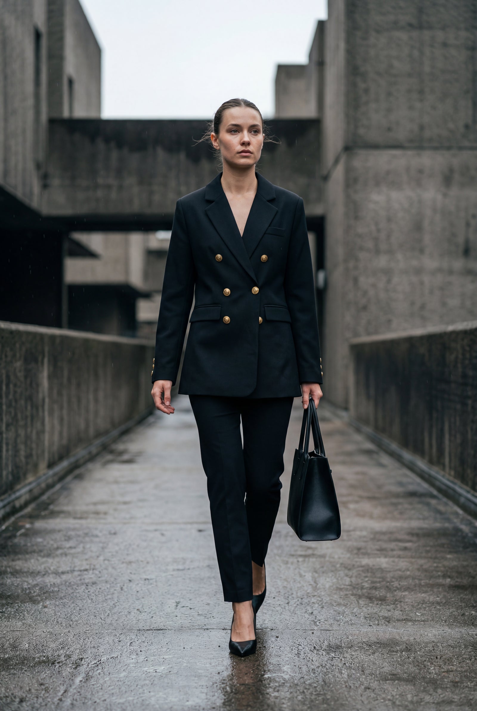 Black Double-breasted Fitted Blazer with Gold Buttons - Photo 8