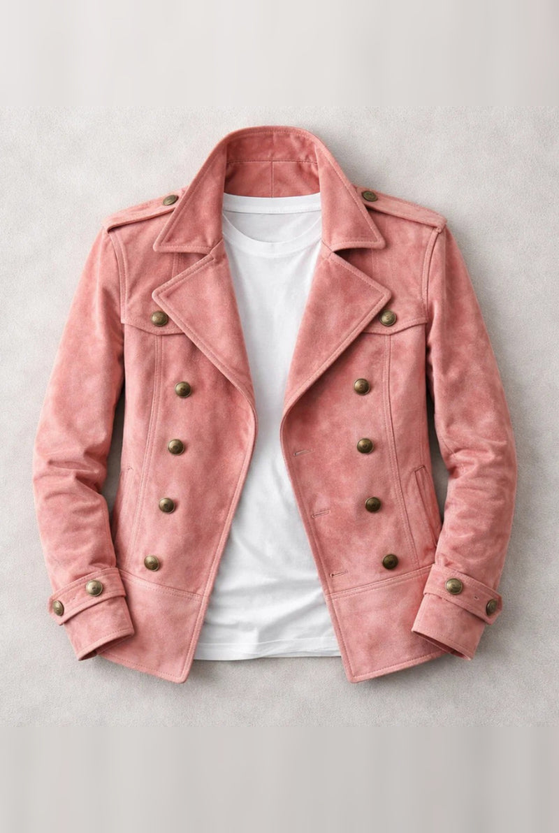 Double-Breasted Suede Pea Coat in Pink — front view