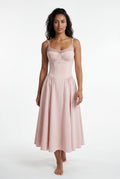 Pink Floral Corset Bodice Midi Dress with Spaghetti Straps - Photo 14