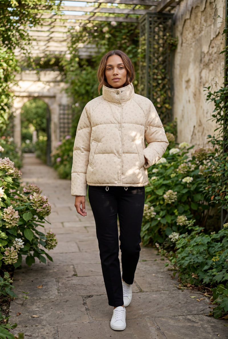 Pink Floral Print High-neck Boxy Puffer Jacket - Puffer jackets - Photo 1