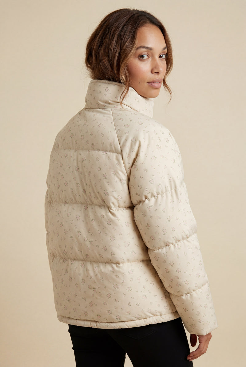 Pink Floral Print High-neck Boxy Puffer Jacket - Puffer jackets - Photo 2