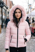 Hooded Faux-Fur Puffer Jacket in Pink — studio front