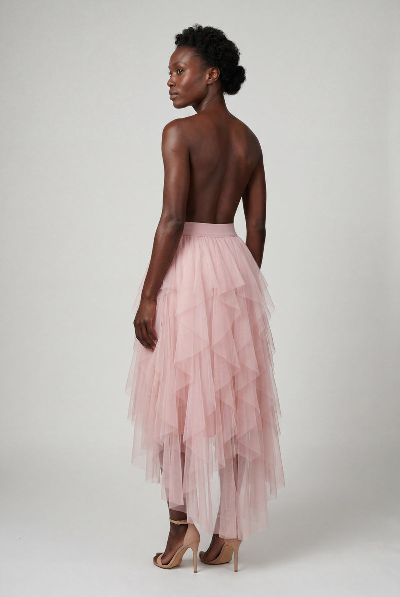 Pink Layered Asymmetric Hem Midi Skirt with Elastic Waistband - Layered skirts - Photo 2