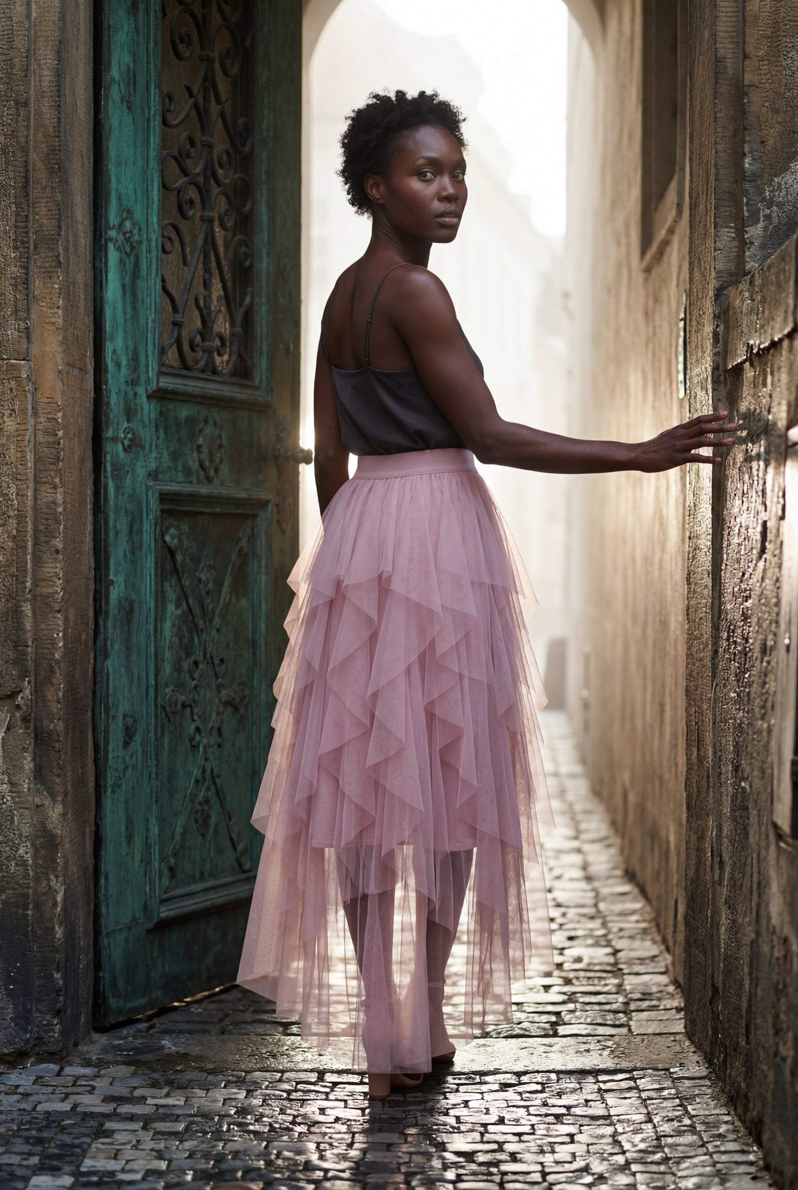 Pink Layered Asymmetric Hem Midi Skirt with Elastic Waistband - Layered skirts - Photo 5