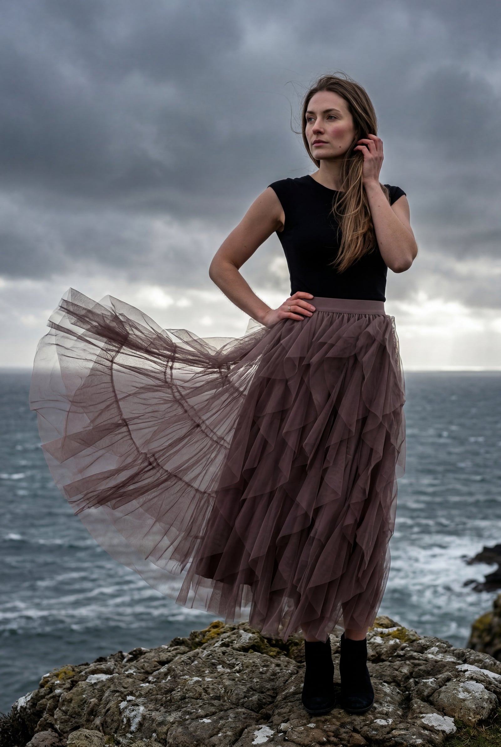 Chocolate Brown Layered Asymmetric Hem Midi Skirt with Elastic Waistband - Layered skirts - Photo 7
