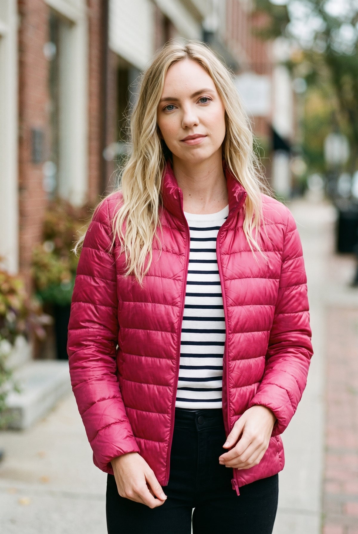 Lightweight Quilted Puffer Jacket in Pink — studio front