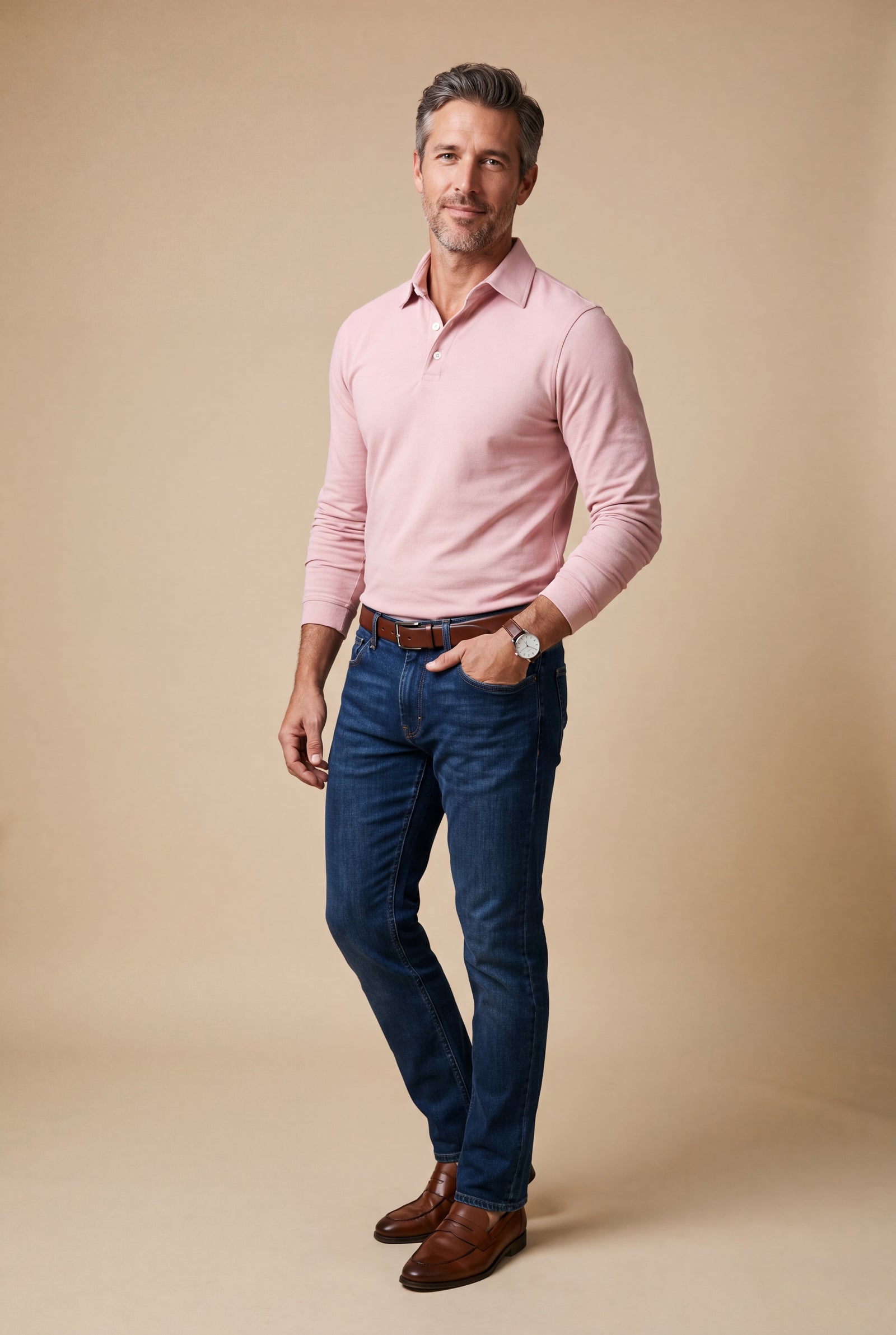 Men Polo Shirt Long Sleeve Slim Fit in Pink — studio fullbody