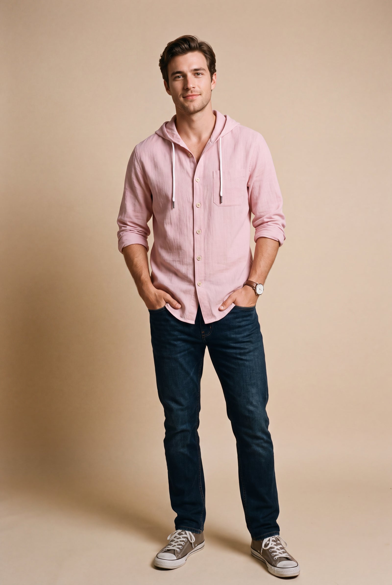 Men's Hooded Shirt Buttoned in Pink — studio shot