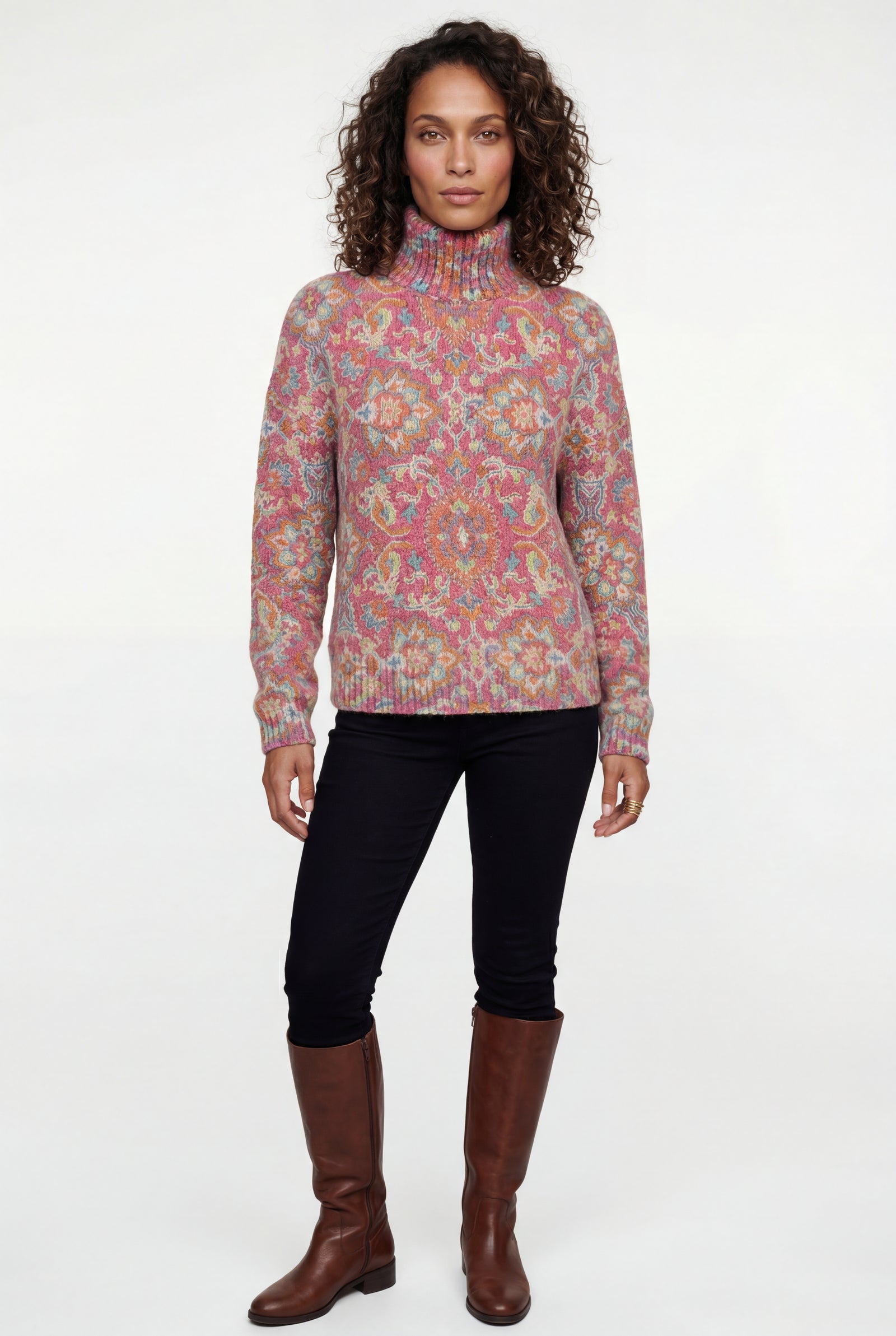 Pink Multicolor Jacquard Dusty Rose Turtleneck Sweater - Knitted sweater - Photo 1