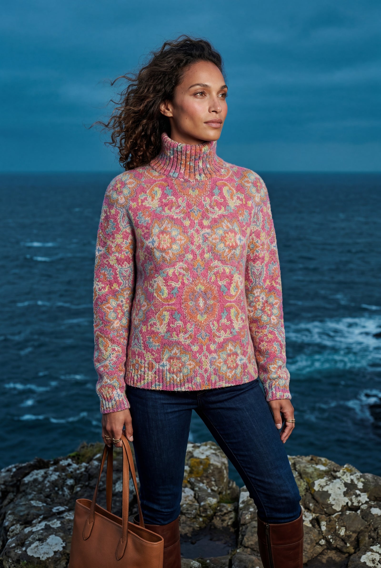 Pink Multicolor Jacquard Dusty Rose Turtleneck Sweater - Knitted sweater - Photo 4