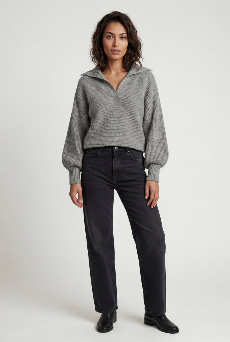 Gray Oversized Collared Chunky Sweater with Balloon Sleeves - Oversized sweater - Photo 1