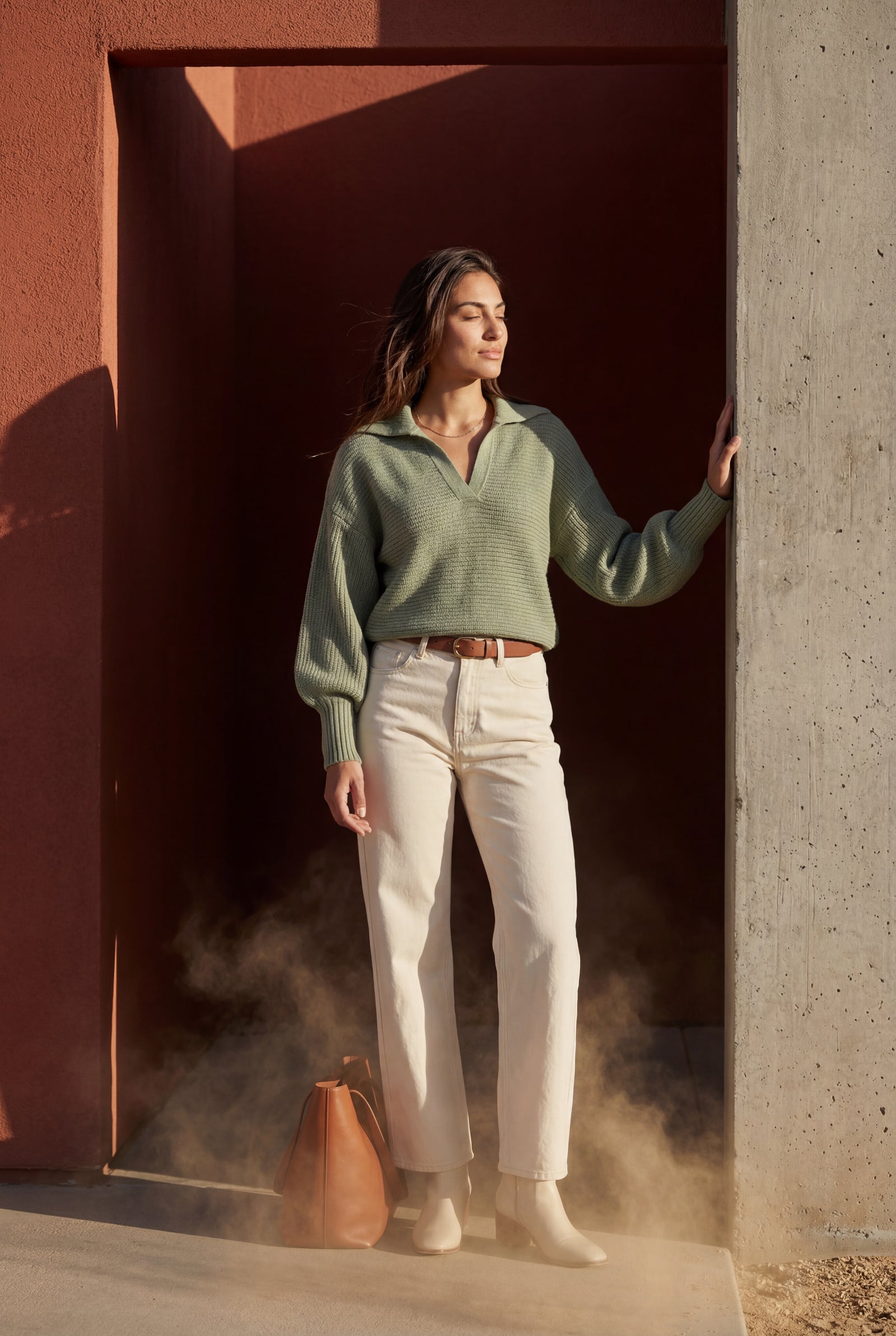 Green Oversized Collared Chunky Sweater with Balloon Sleeves - Oversized sweater - Photo 16