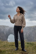 Khaki Oversized Collared Chunky Sweater with Balloon Sleeves - Oversized sweater - Photo 18