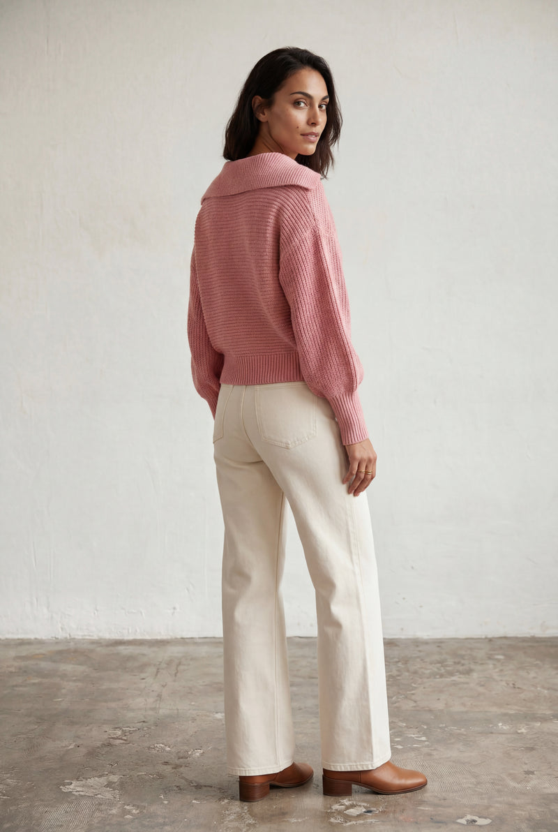 Pink Oversized Collared Chunky Sweater with Balloon Sleeves - Oversized sweater - Photo 2