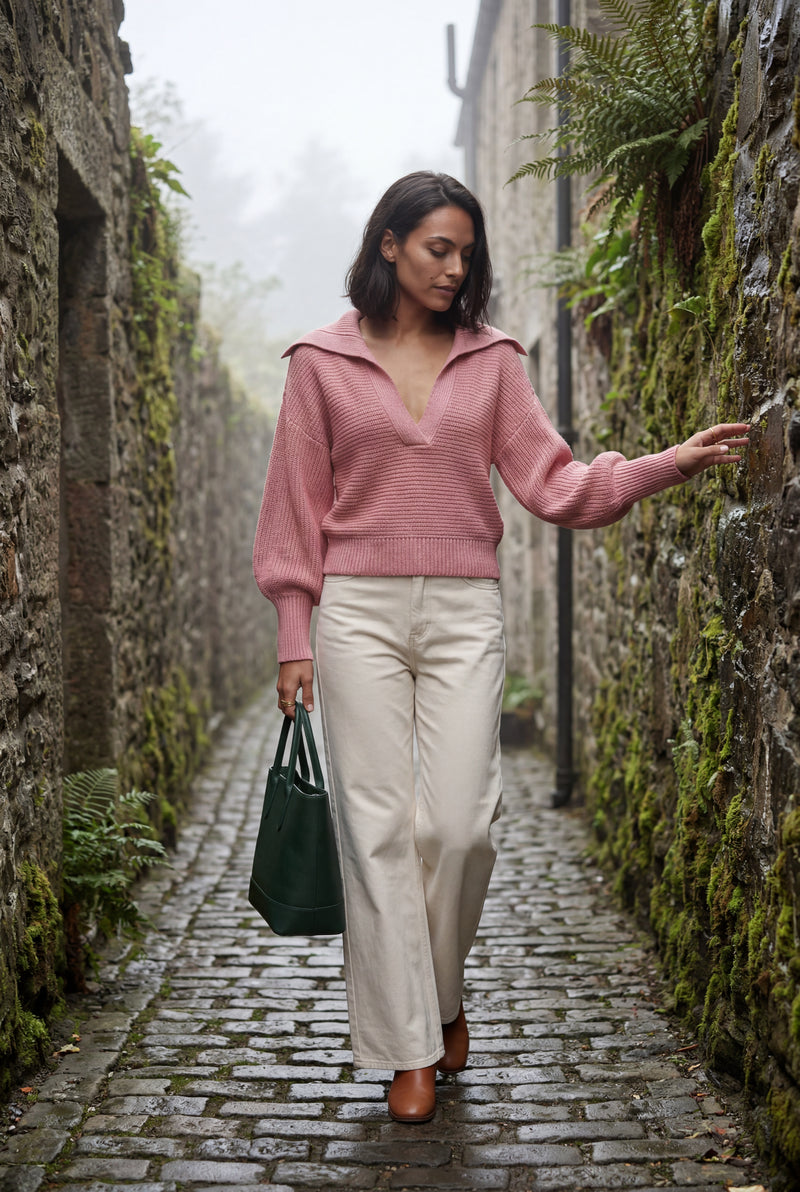 Pink Oversized Collared Chunky Sweater with Balloon Sleeves - Oversized sweater - Photo 4