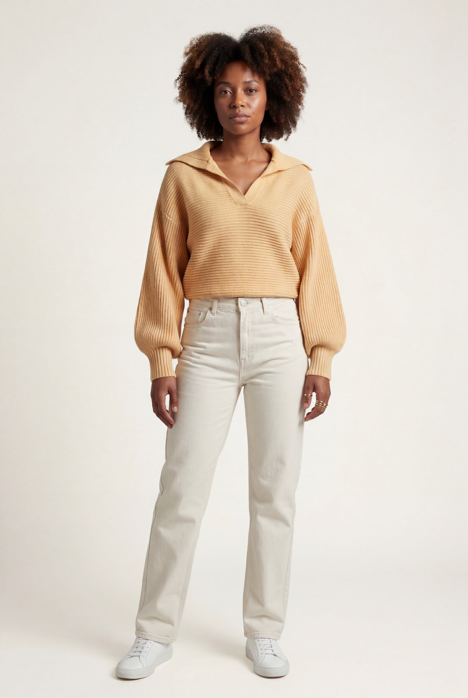 Apricot Oversized Collared Chunky Sweater with Balloon Sleeves - Oversized sweater - Photo 5