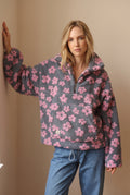 Oversized Floral Teddy Fleece Jacket in Pink — studio front