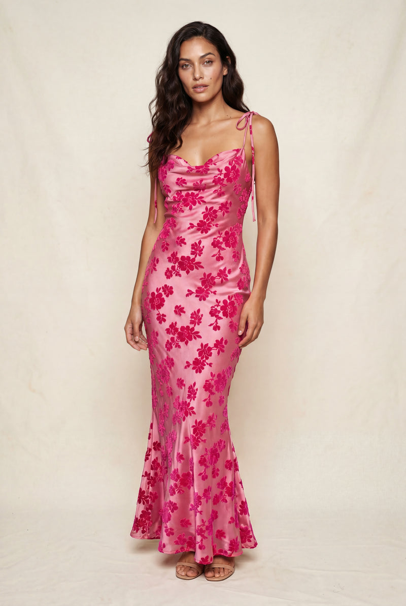 Pink Pink Floral Embroidered Cowl Neck Maxi Dress - Photo 1