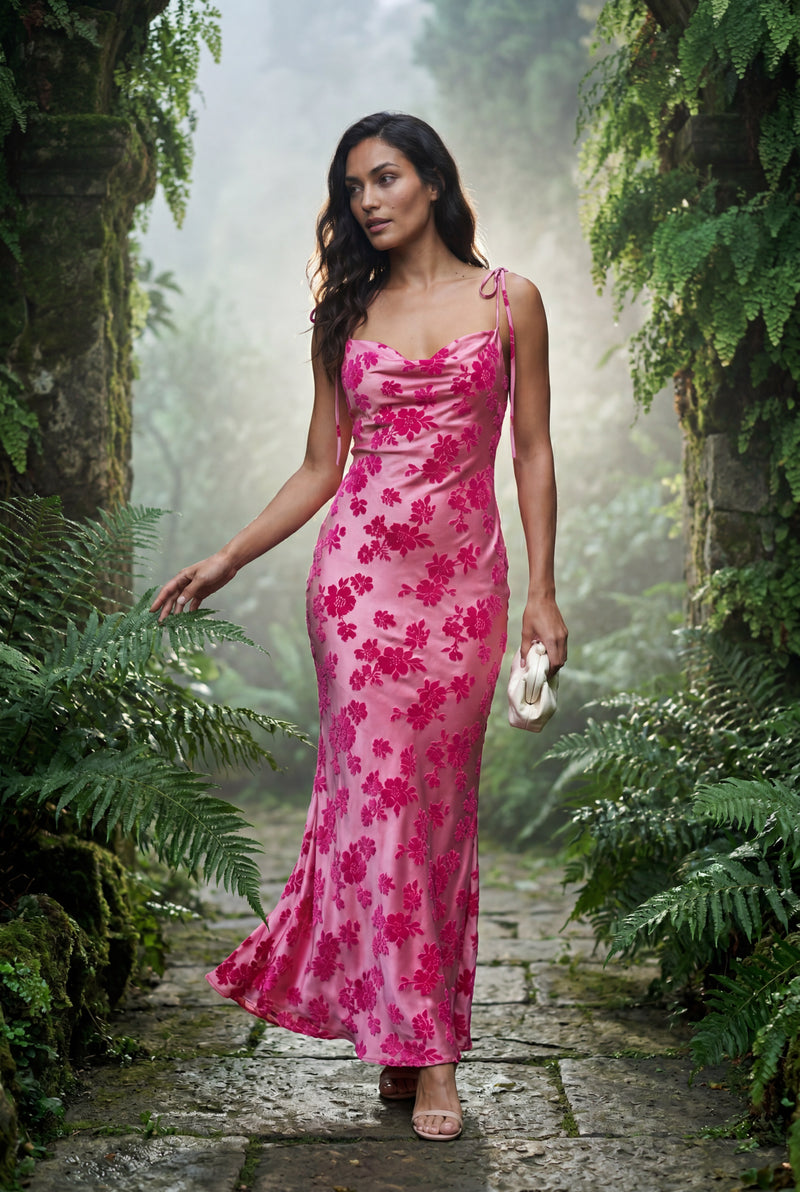 Pink Pink Floral Embroidered Cowl Neck Maxi Dress - Photo 4