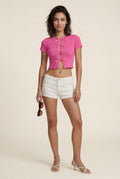Pink Ribbed Cut-out Short Sleeve Top with Front Tie Detail - Short sleeve tops - Photo 12