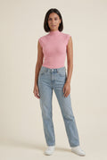 Pink Ribbed Mock Neck Sleeveless Top with Curved Hem - Mock neck tops - Photo 9