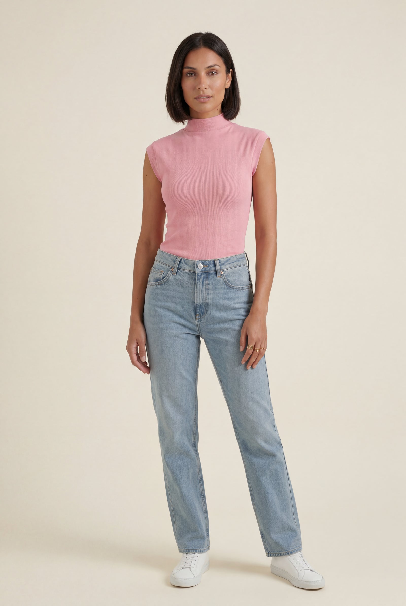 Pink Ribbed Mock Neck Sleeveless Top with Curved Hem - Mock neck tops - Photo 9