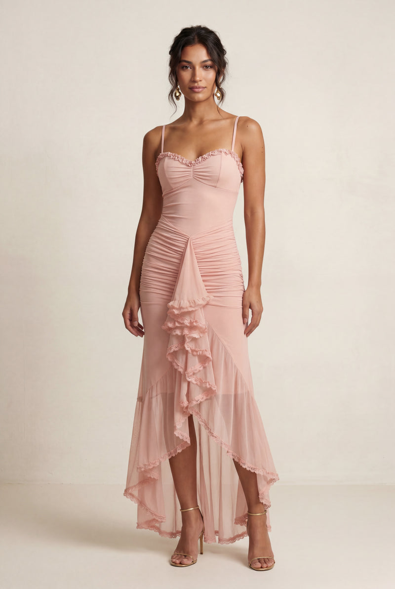 Pink Ruched Asymmetric Hem Maxi Dress with Ruffle Trim - Photo 3