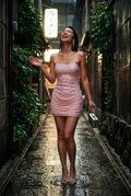 Pink Ruched Draped Mini Dress with Spaghetti Straps - Photo 7