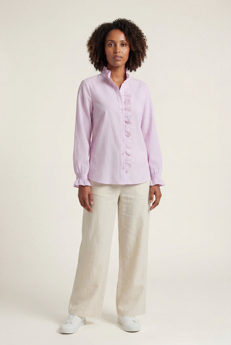 Pink Ruffle Trim Vertical Stripe Button-front Blouse - Blouses - Photo 1