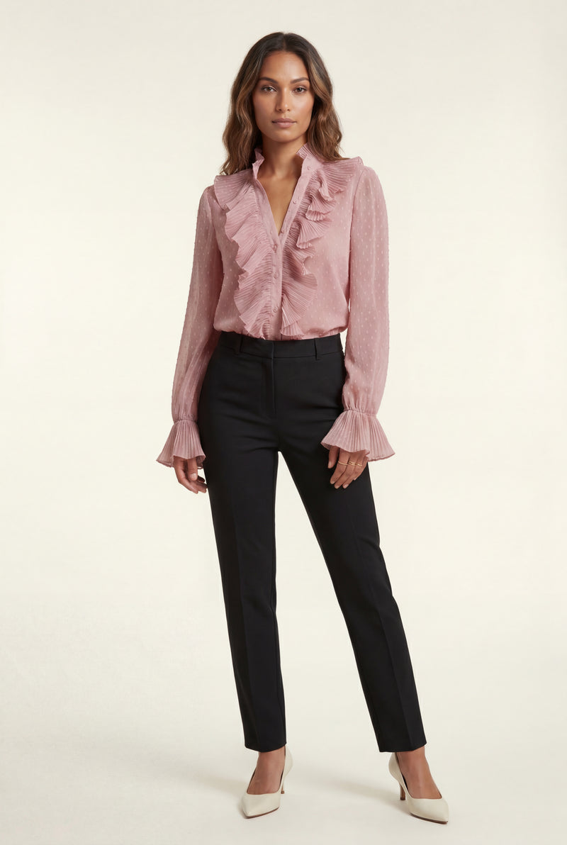 Pink Ruffled Pleated Blouse with Fluted Cuffs - Blouses - Photo 3