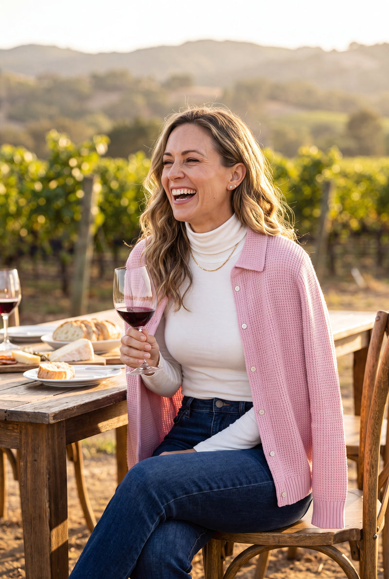 Women's Cardigan Longline Button-Front in Pink — lifestyle vineyard lunch