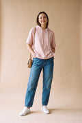 Women's Hoodie Short Sleeve Oversized in Pink — studio front