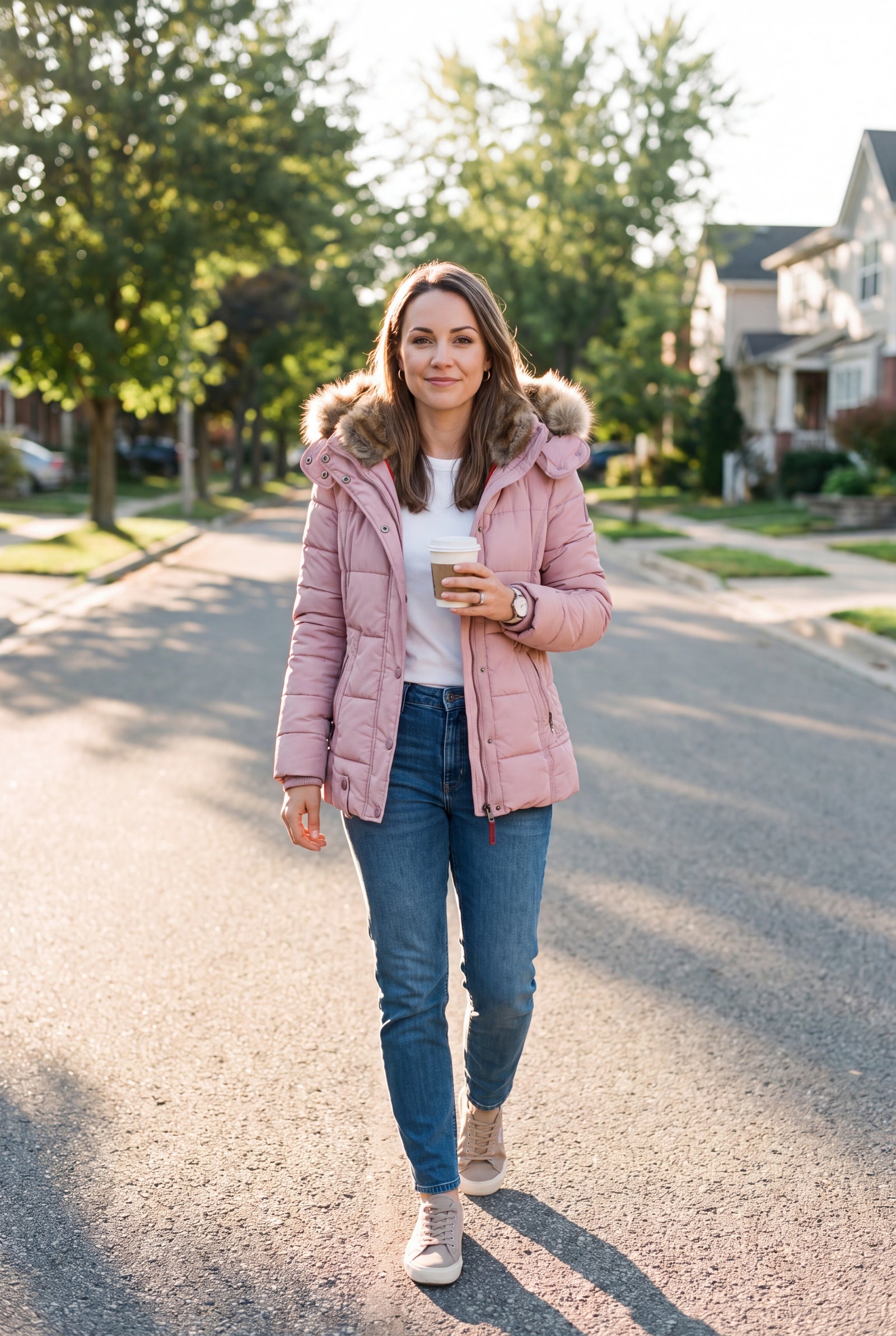 Women's Jacket Faux Fur Collar in Pink — lifestyle morning commute