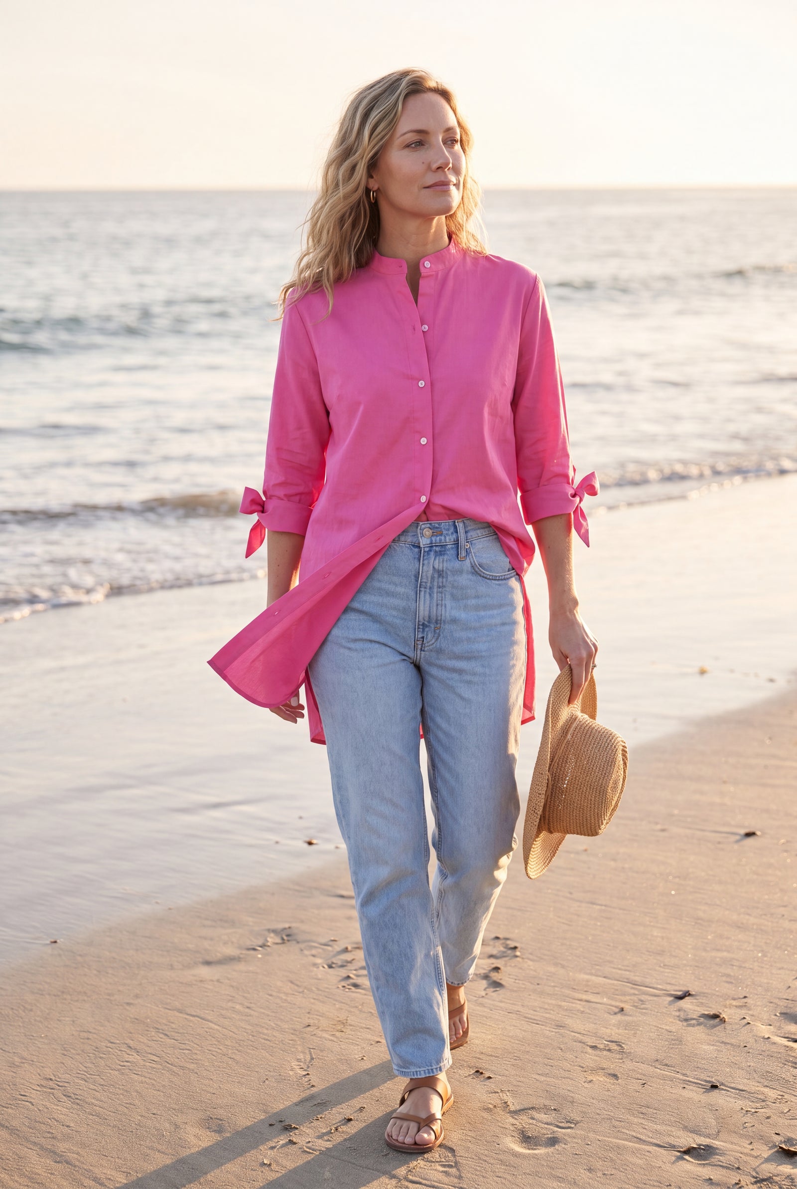 Women's Oversized Button-Up Shirt in Pink — lifestyle seaside evening