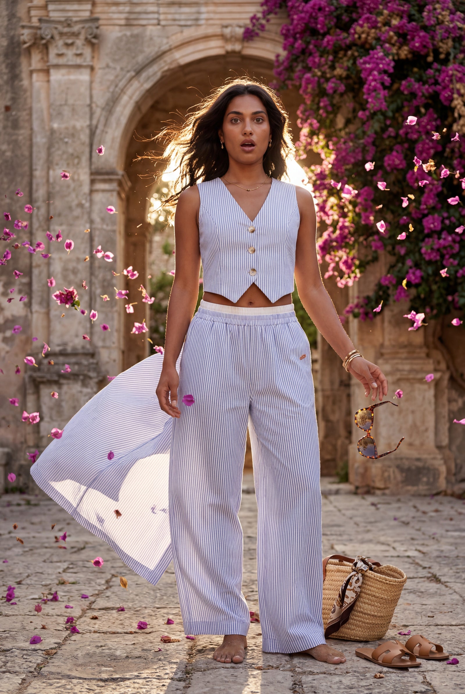 Light Blue Women's Pinstriped Sleeveless Waistcoat and Wide-Leg Trousers Set - Waistcoat and trousers - Photo 9