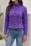 Cable-Knit Turtleneck Sweater in Purple — studio front